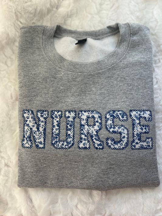 Nurse Blue Floral Appliqué